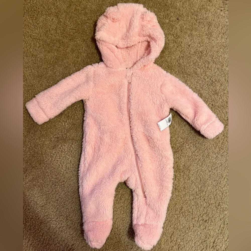 Old Navy Soft Pink Fleece Baby Footie Coat Hooded Jacket 3-6 month